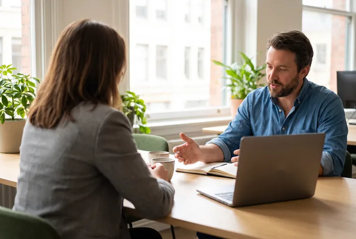 Adviseur in gesprek met een klant aan tafel