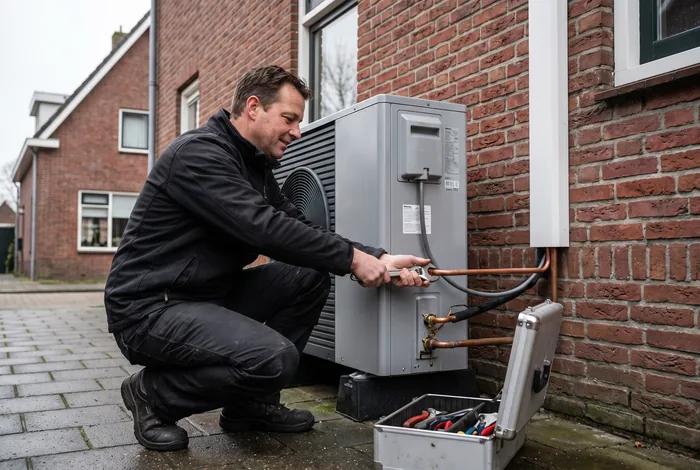 Installateur monteert een warmtepomp tegen een woning