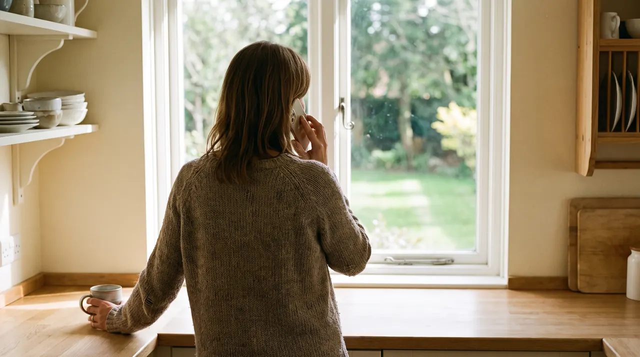 Vrouw staat met een telefoon aan haar oor bij het keukenraam